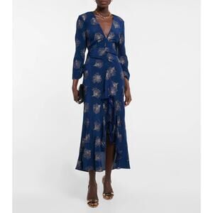 NWT Rixo Navy Rose Cut Out Ruffle Glittered Silk Crepe Midi Dress 4